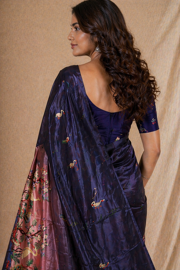 Elegant Wine Purple Silk Saree With Peacock & Floral Garden Print