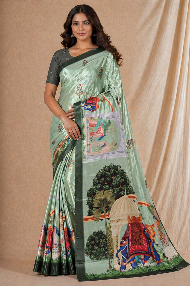 Elegant Sage Green Silk Saree With Royal Elephant & Heritage Print