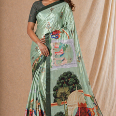 Elegant Sage Green Silk Saree With Royal Elephant & Heritage Print