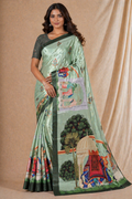 Elegant Sage Green Silk Saree With Royal Elephant & Heritage Print