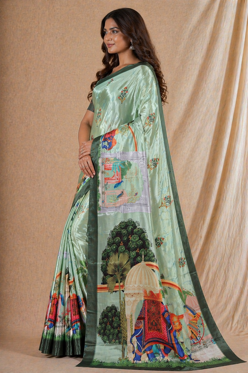 Elegant Sage Green Silk Saree With Royal Elephant & Heritage Print