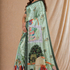 Elegant Sage Green Silk Saree With Royal Elephant & Heritage Print