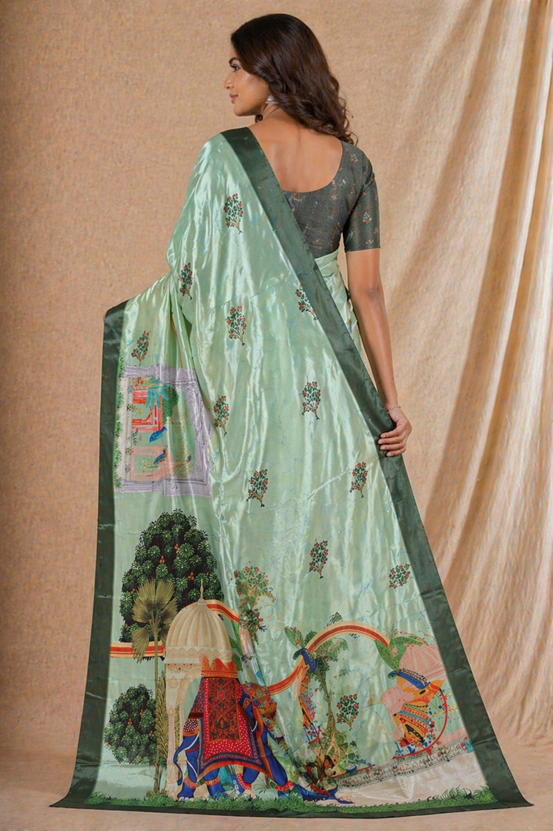 Elegant Sage Green Silk Saree With Royal Elephant & Heritage Print