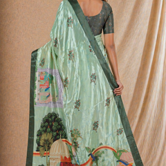 Elegant Sage Green Silk Saree With Royal Elephant & Heritage Print