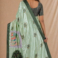 Elegant Sage Green Silk Saree With Royal Elephant & Heritage Print
