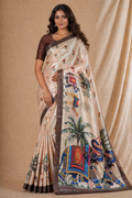 Beige Elephant Printed Silk Saree With Brown Border
