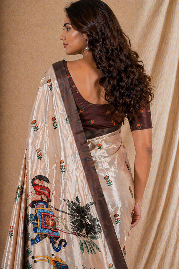 Beige Elephant Printed Silk Saree With Brown Border