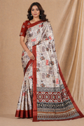 Cream & Rust Abstract Printed Silk Saree With Ethnic Border
