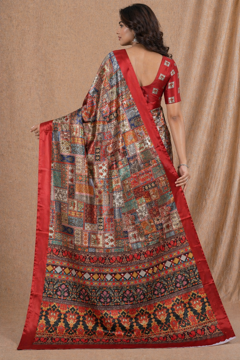 Royal Red Multicolor Patchwork Printed Silk Saree With Ethnic Border
