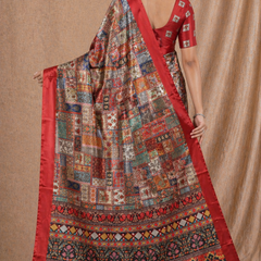 Royal Red Multicolor Patchwork Printed Silk Saree With Ethnic Border