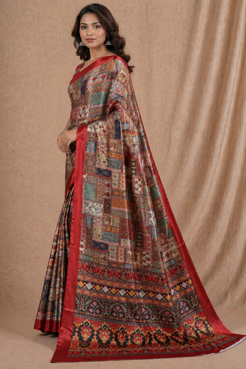 Royal Red Multicolor Patchwork Printed Silk Saree With Ethnic Border