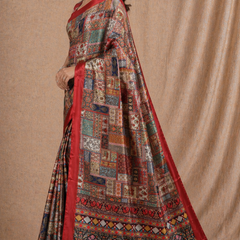 Royal Red Multicolor Patchwork Printed Silk Saree With Ethnic Border