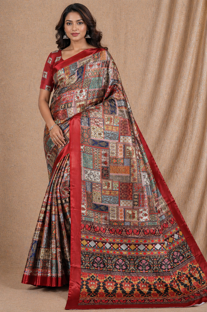 Royal Red Multicolor Patchwork Printed Silk Saree With Ethnic Border