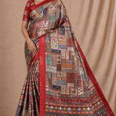 Royal Red Multicolor Patchwork Printed Silk Saree With Ethnic Border