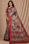 Royal Red Multicolor Patchwork Printed Silk Saree With Ethnic Border