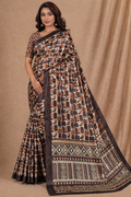Elegant Brown & Rust Printed Silk Saree With Paisley Geometric Design