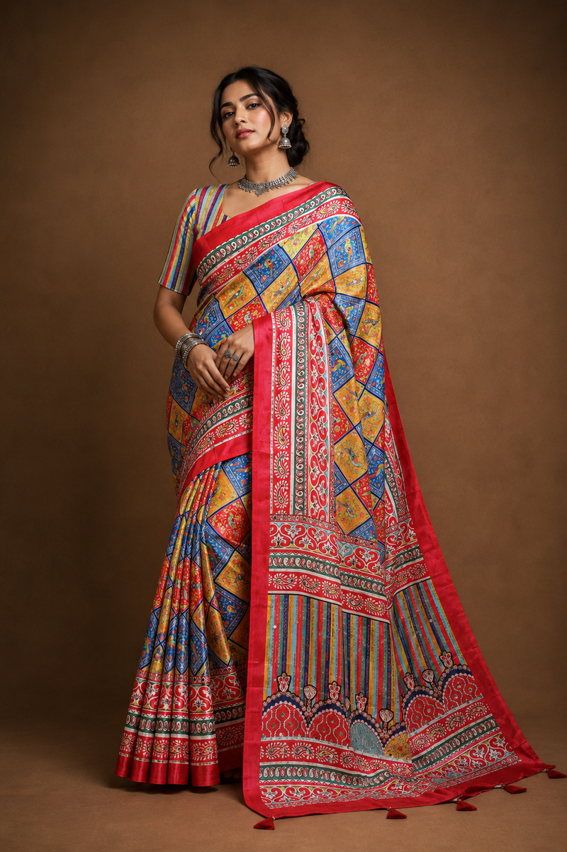 Multicolor Stone Work Digital Print Satin Blend Saree