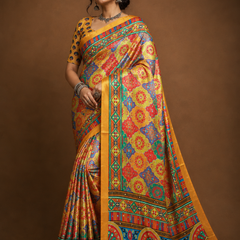 Mustard Stone Work Digital Print Satin Blend Saree