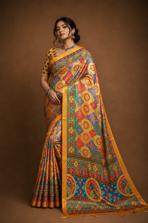 Mustard Stone Work Digital Print Satin Blend Saree