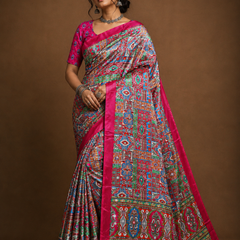 Pink Stone Work Digital Print Satin Blend Saree