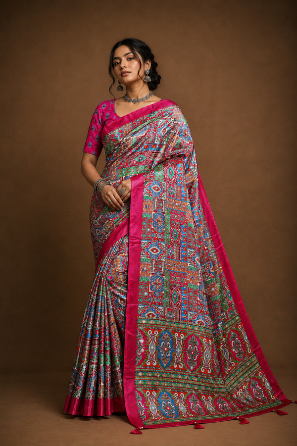Pink Stone Work Digital Print Satin Blend Saree