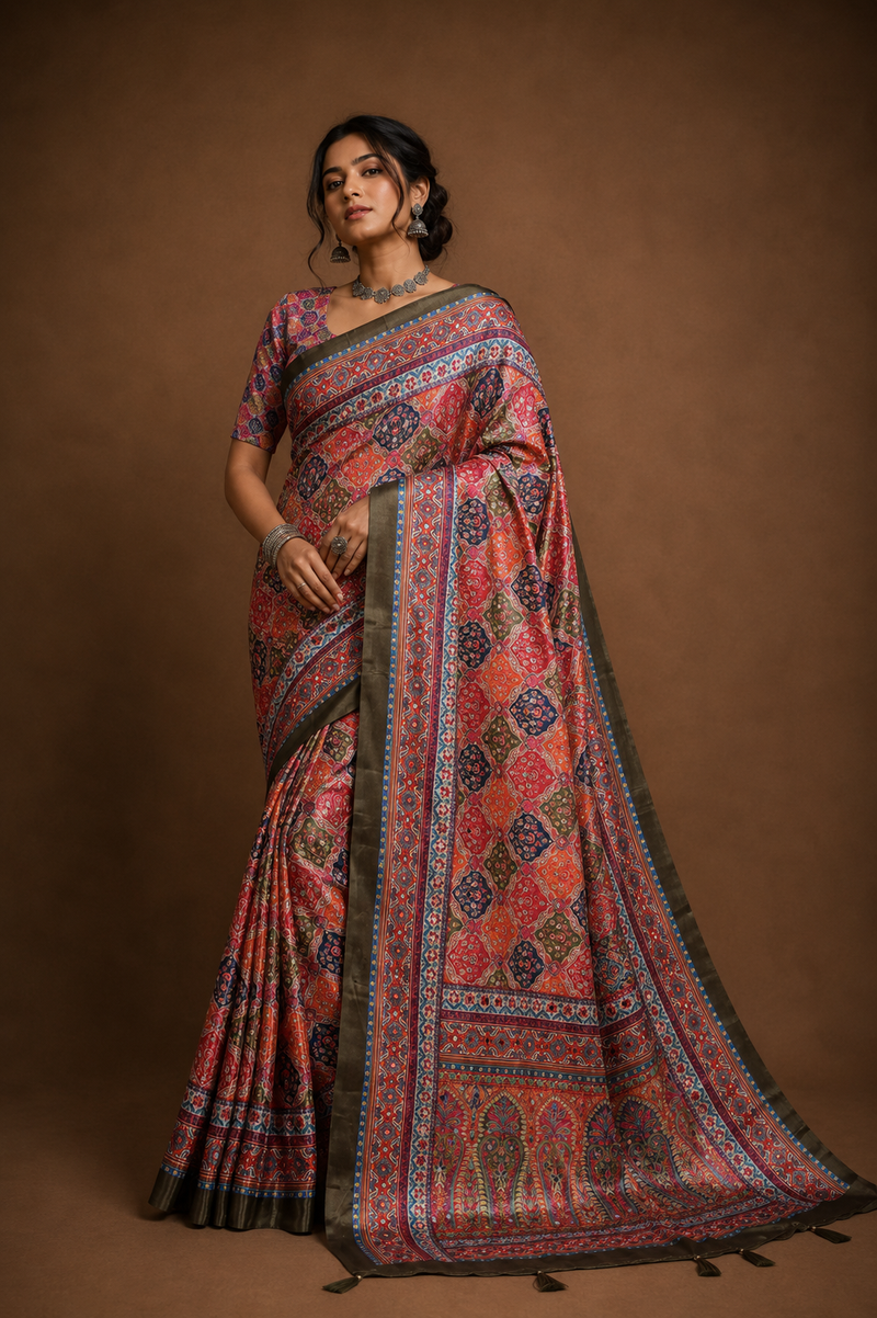 Rust Stone Work Digital Print Satin Blend Saree