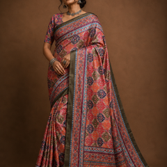 Rust Stone Work Digital Print Satin Blend Saree