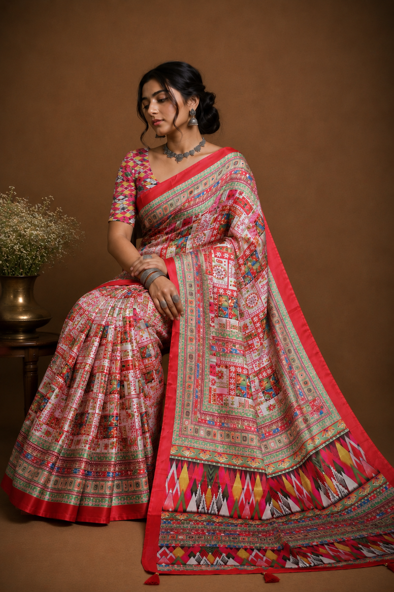 Coral Red Stone Work Printed Satin Blend Saree