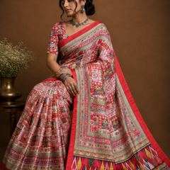 Coral Red Stone Work Printed Satin Blend Saree