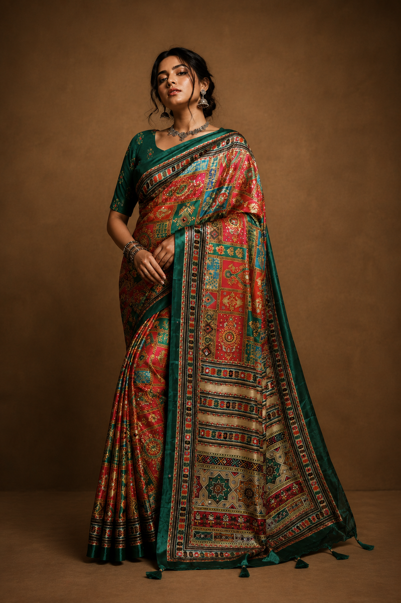 Emerald Green Stone Work Digital Print Satin Blend Saree
