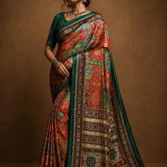 Emerald Green Stone Work Digital Print Satin Blend Saree