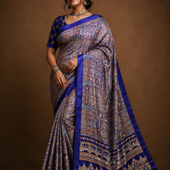 Royal Blue Stone Work Digital Print Satin Blend Saree