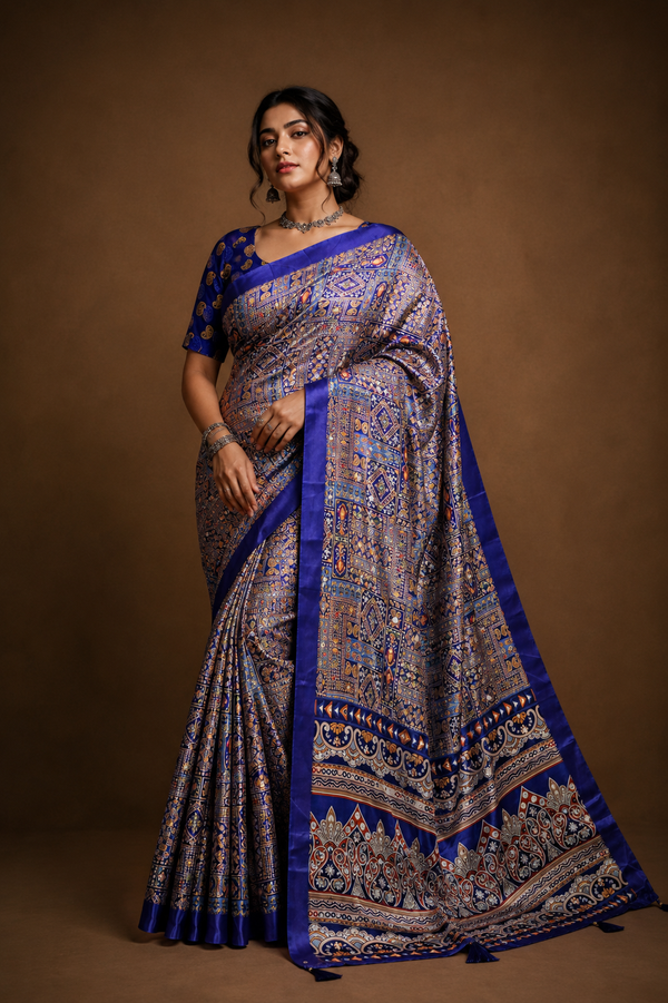 Royal Blue Stone Work Digital Print Satin Blend Saree