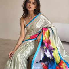 Ivory Silver Abstract Print Silk Saree with Blue Border