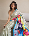 Ivory Silver Abstract Print Silk Saree with Blue Border