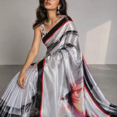 Silver Grey Silk Saree with Black Red Designer Border