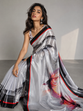 Silver Grey Silk Saree with Black Red Designer Border