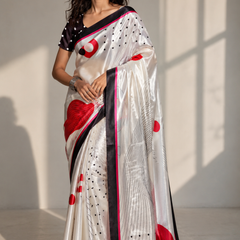 Off-White Satin Blend Saree with Red Polka Dots & Abstract Prints