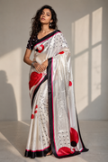 Off-White Satin Blend Saree with Red Polka Dots & Abstract Prints