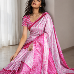 Pink and White Leheriya Print Satin Blend Saree