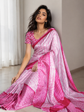 Pink and White Leheriya Print Satin Blend Saree