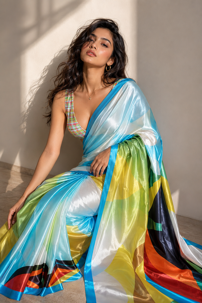 Multicolor Abstract Geometric Digital Print Satin Blend Saree