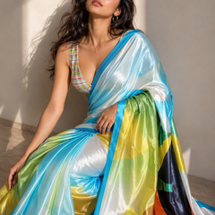 Multicolor Abstract Geometric Digital Print Satin Blend Saree