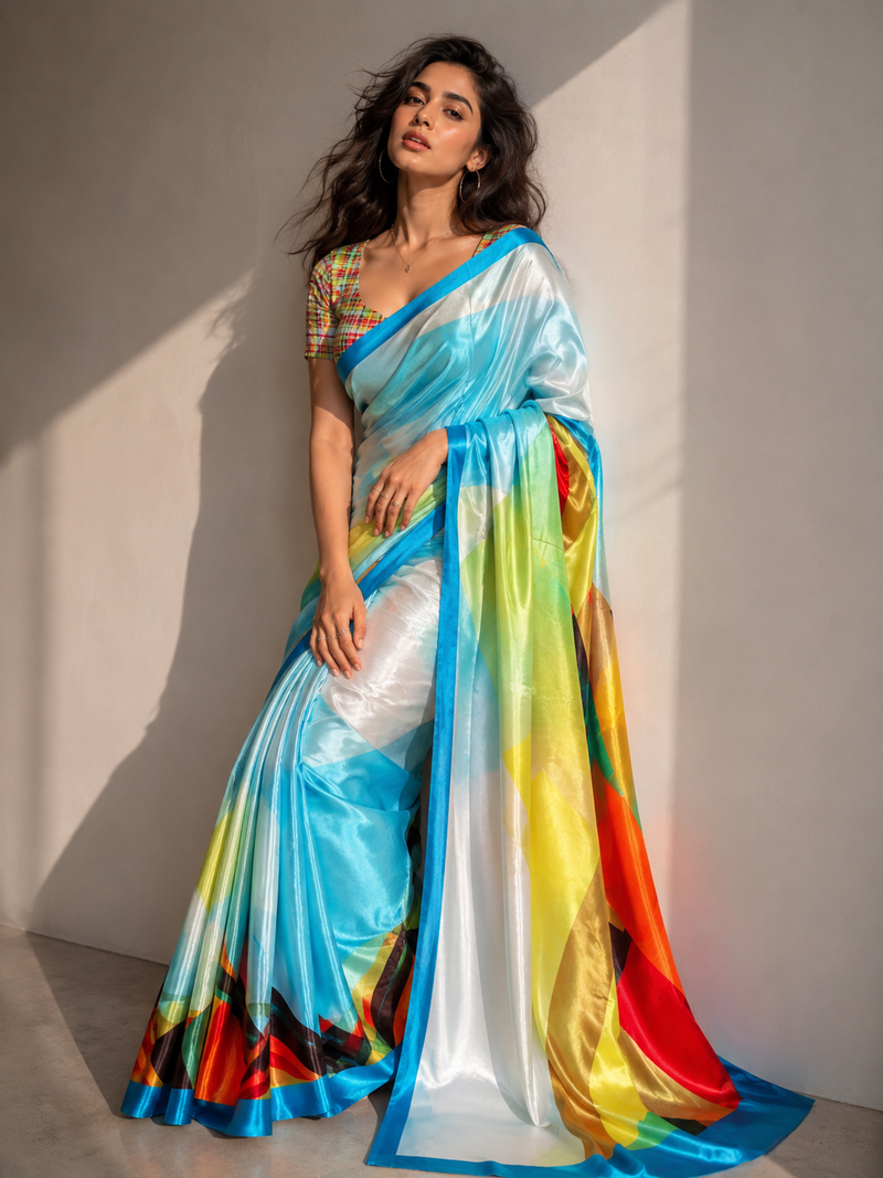 Multicolor Abstract Geometric Digital Print Satin Blend Saree