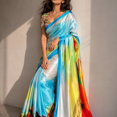 Multicolor Abstract Geometric Digital Print Satin Blend Saree