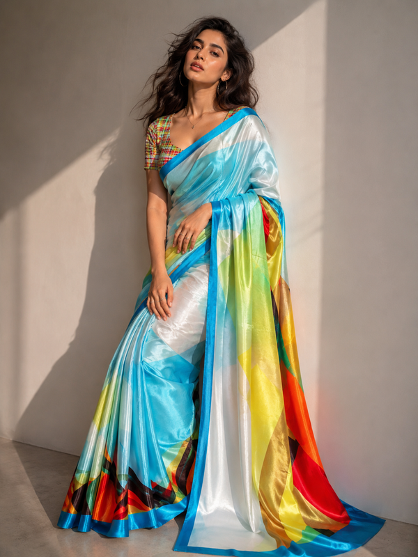 Multicolor Abstract Geometric Digital Print Satin Blend Saree