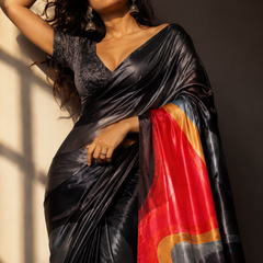 Black and Grey Satin Blend Saree with Red Abstract Pallu
