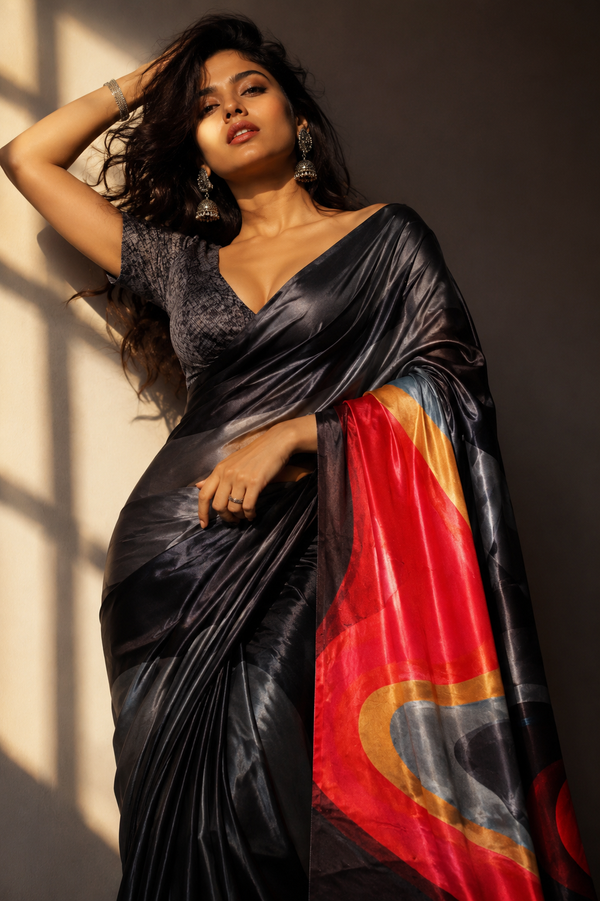 Black and Grey Satin Blend Saree with Red Abstract Pallu