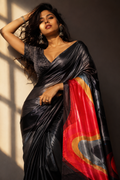 Black and Grey Satin Blend Saree with Red Abstract Pallu