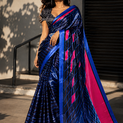 Royal Blue and Black Satin Blend Saree with Neon Pink Accents